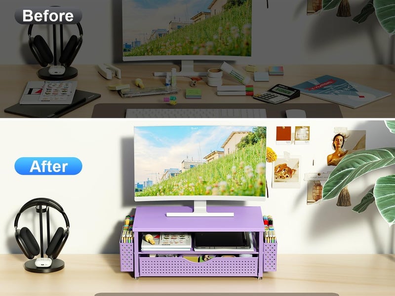 Spacrea Desk Organizer and Accessories, Computer Monitor Stand Riser with Drawer and 2 Pen Holders, Office Desk Accessories & Workspace Organizers for Office Supplies (Purple) - Image 2